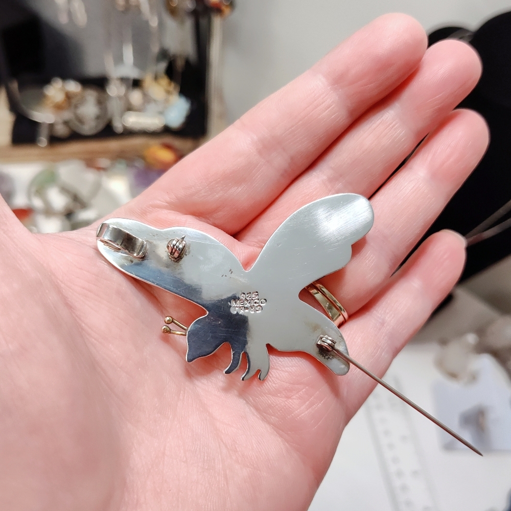 Vintage Taxco LARGE Sterling Silver Puffy Firefly Necklace Pendant Brooch Pin - Picture 8 of 11